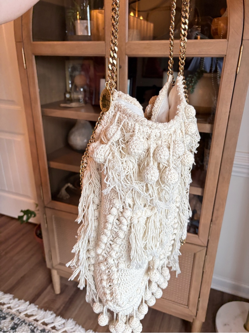 Stella McCartney Falabella Crochet Fringe Tote Bag – Cream